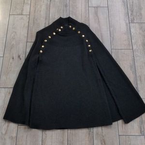 Women's GILI Military Style Black Knit Cape Shawl Cloak Poncho with Gold Snaps